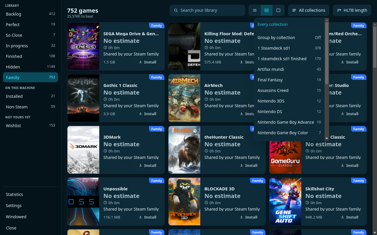 The collections menu