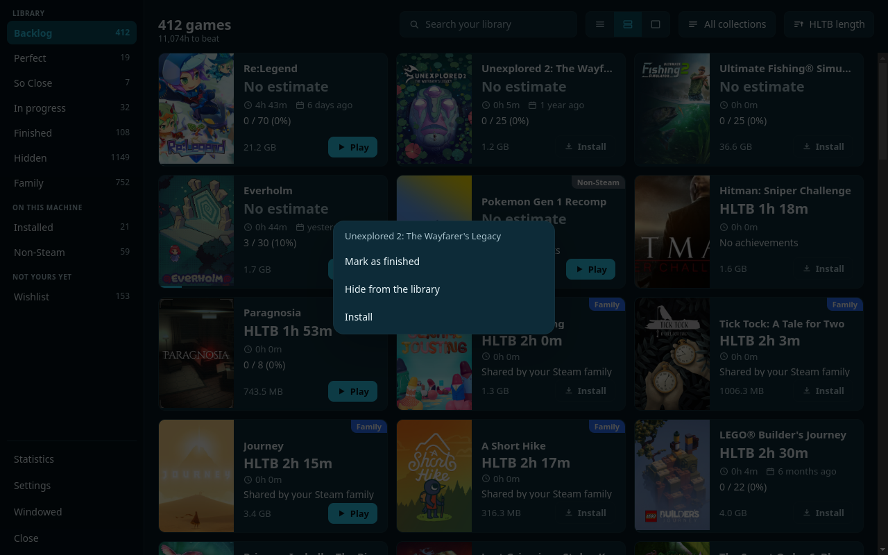 The menu of things you can do to one game